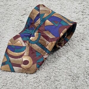 Harve Benard Silk Tie Geometric Abstract Burgundy Gold Teal 90s Benard Holtzman